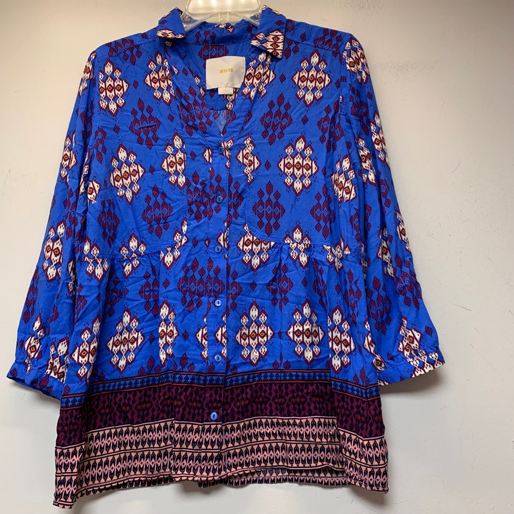 Maeve Button Down Top Women 10 Blue Excellent Ikat Boho Geometric Blouse